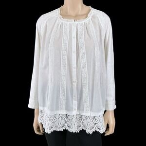 LOGO Lavish Top Women Large White Button Down Shirt Lace Crocheted